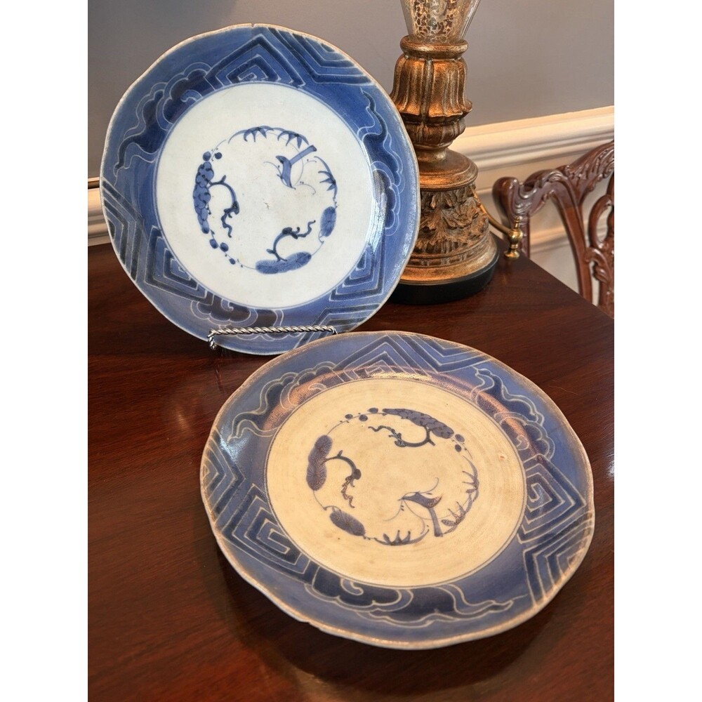 Pair Japanese Ko Sometsuke Antique Blue White Plates Three Friends of Winter
